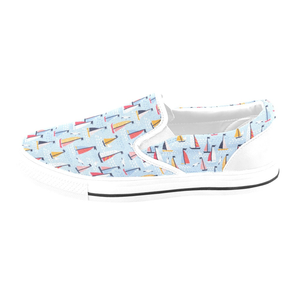 Sailboat Print Design LKS304 White Slip Ons Canvas Women's Shoes
