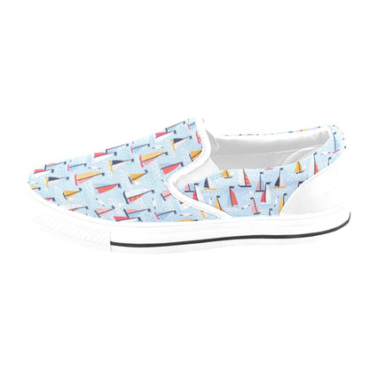 Sailboat Print Design LKS304 White Slip Ons Canvas Women's Shoes