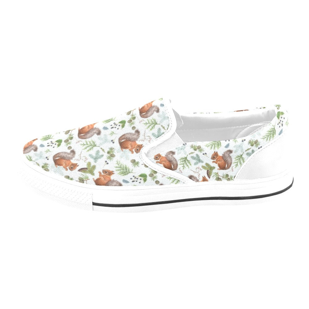 Squirrel Print Design LKS308 White Slip Ons Canvas Women's Shoes