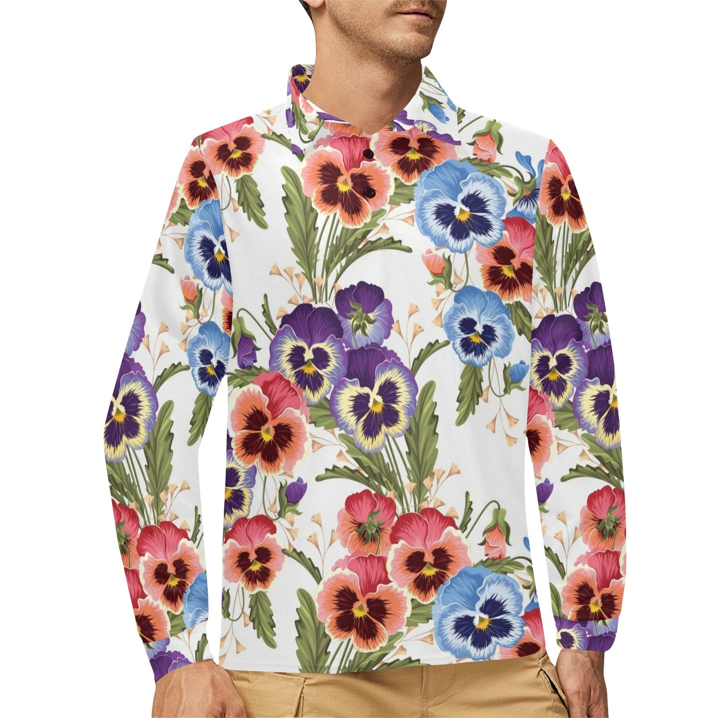 Pansy Pattern Print Design PS06 Long Sleeve Polo Shirt For Men's