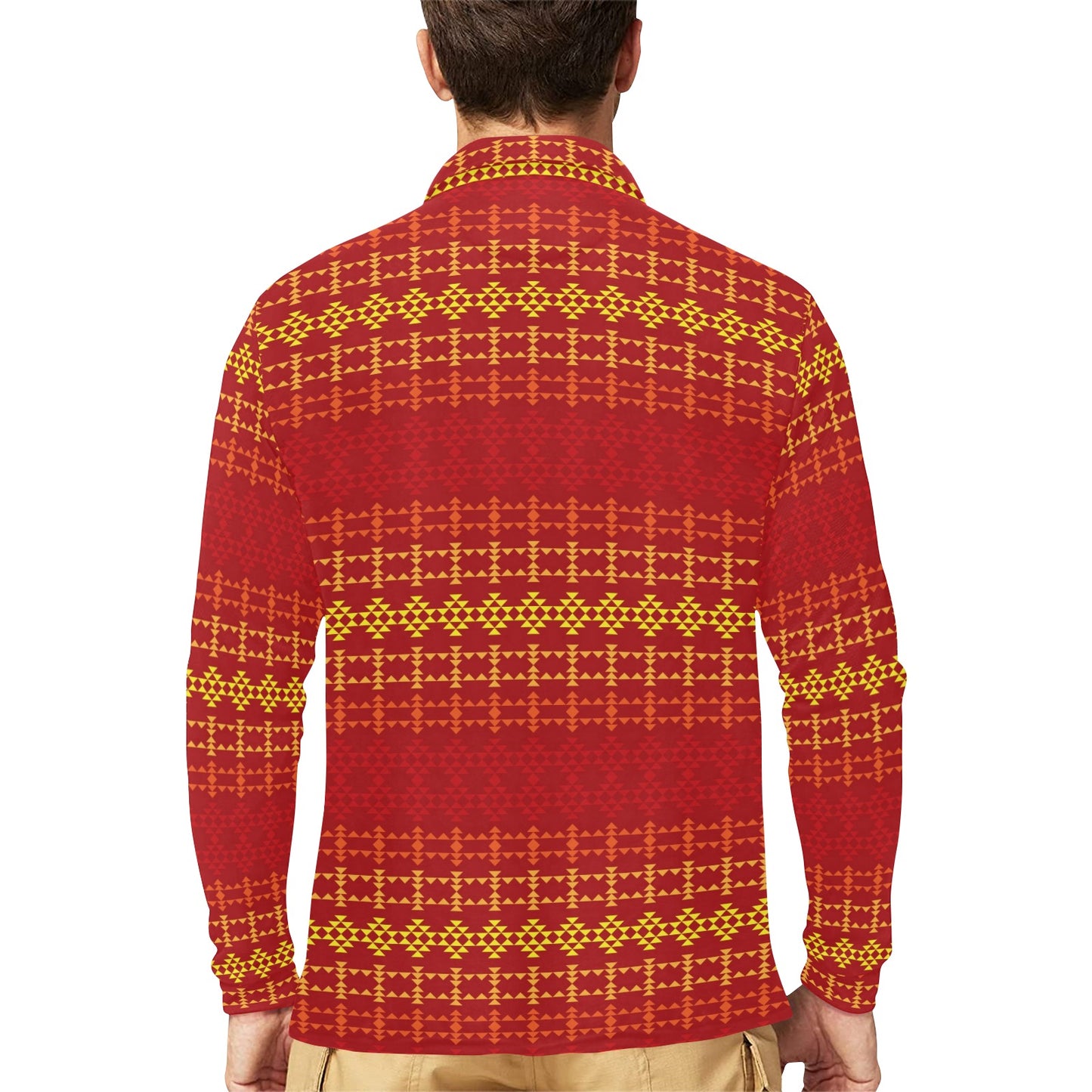 Southwest Red Gold Design Themed Print Long Sleeve Polo Shirt For Men's