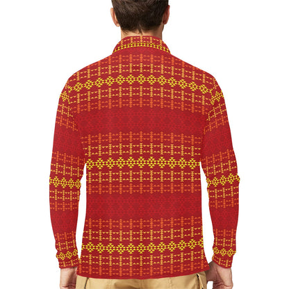 Southwest Red Gold Design Themed Print Long Sleeve Polo Shirt For Men's