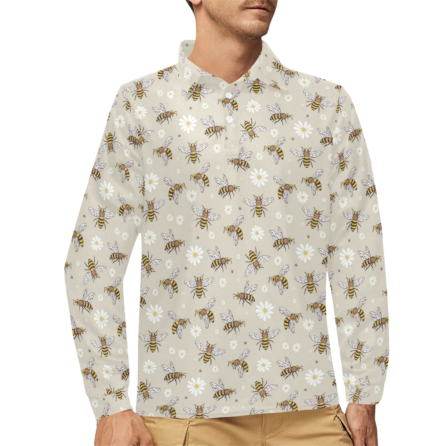Bee Pattern Print Design 03 Long Sleeve Polo Shirt For Men's