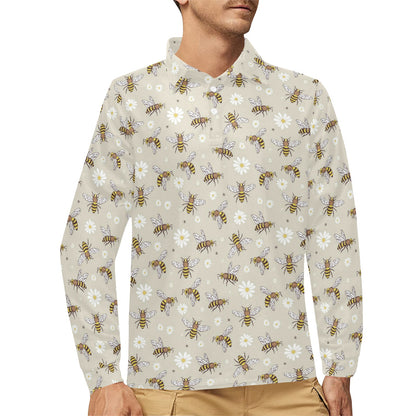 Bee Pattern Print Design 03 Long Sleeve Polo Shirt For Men's
