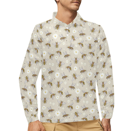 Bee Pattern Print Design 03 Long Sleeve Polo Shirt For Men's