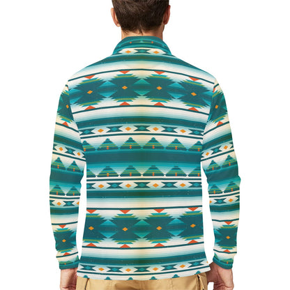 Blue Tribal Aztec Long Sleeve Polo Shirt For Men's