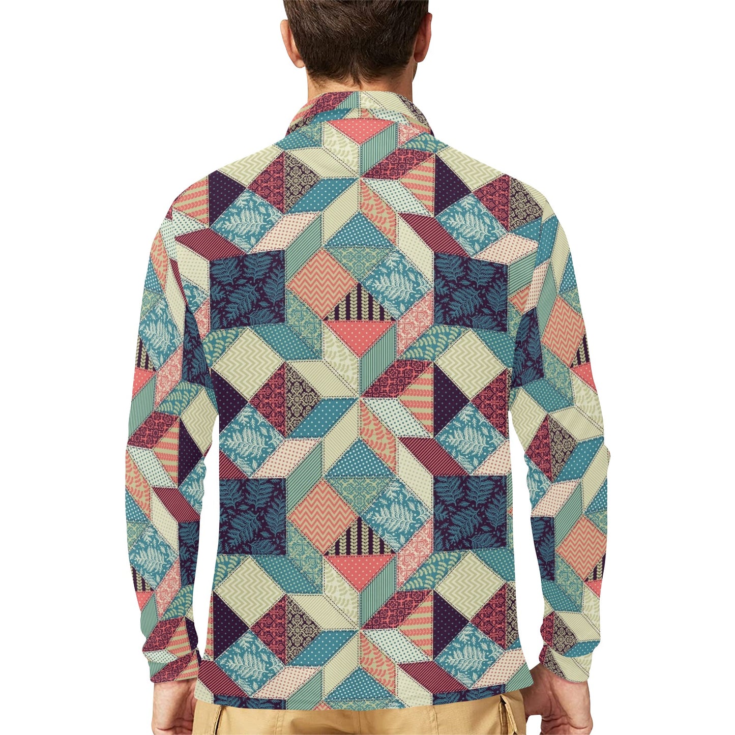 Patchwork Pattern Print Design 02 Long Sleeve Polo Shirt For Men's