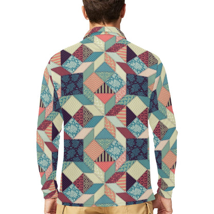 Patchwork Pattern Print Design 02 Long Sleeve Polo Shirt For Men's