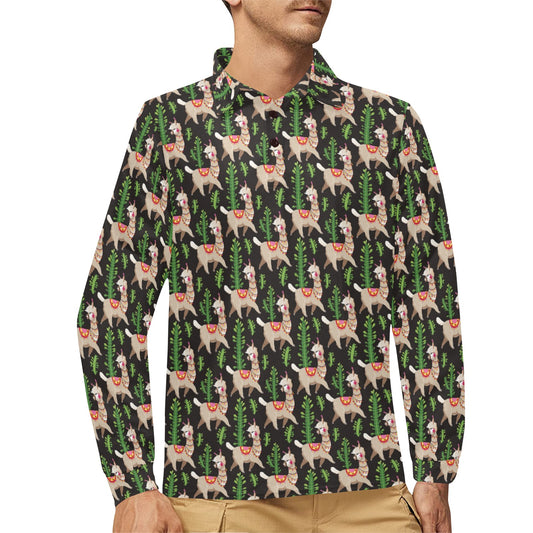 Alpaca Cactus Design Themed Print Long Sleeve Polo Shirt For Men's