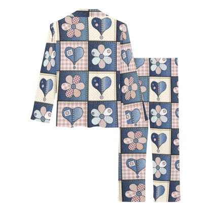Patchwork Heart Flower Pattern Print Design 01 Women's Long Pajama Set