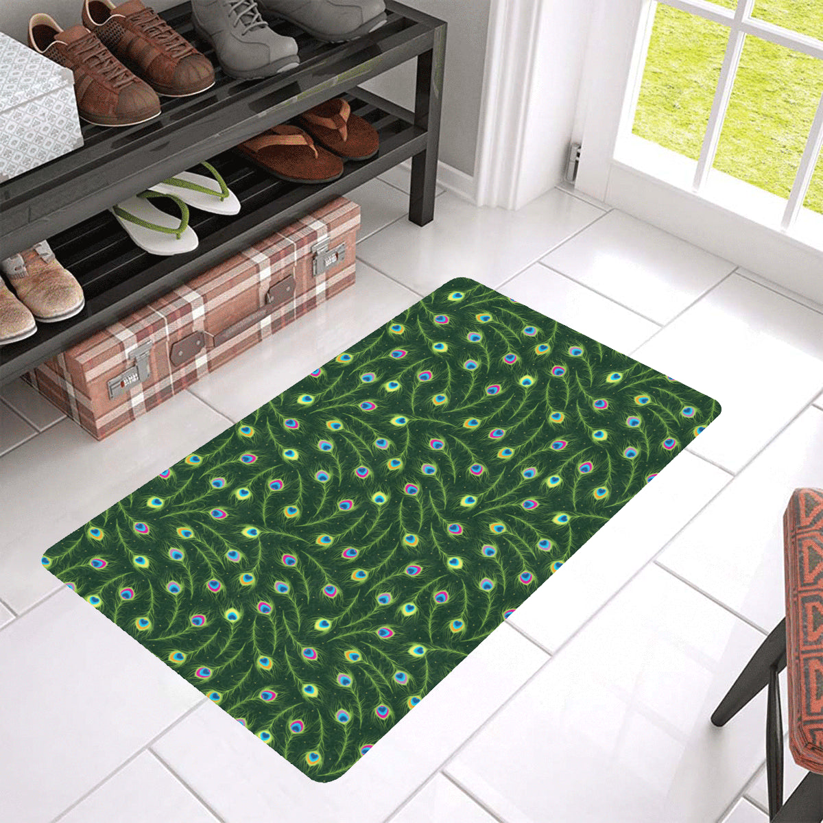 Peacock Feather Green Design Print Rubber Doormat