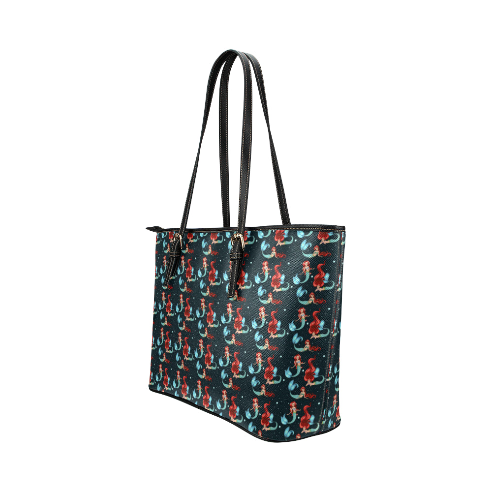 Mermaid Girl Themed Design Print Leather Tote Bag