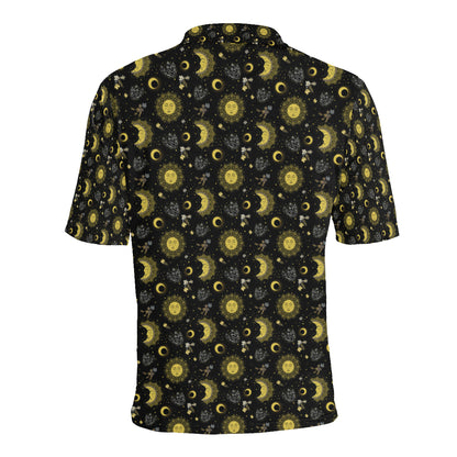 Sun Moon Golden Design Themed Print Men Polo Shirt