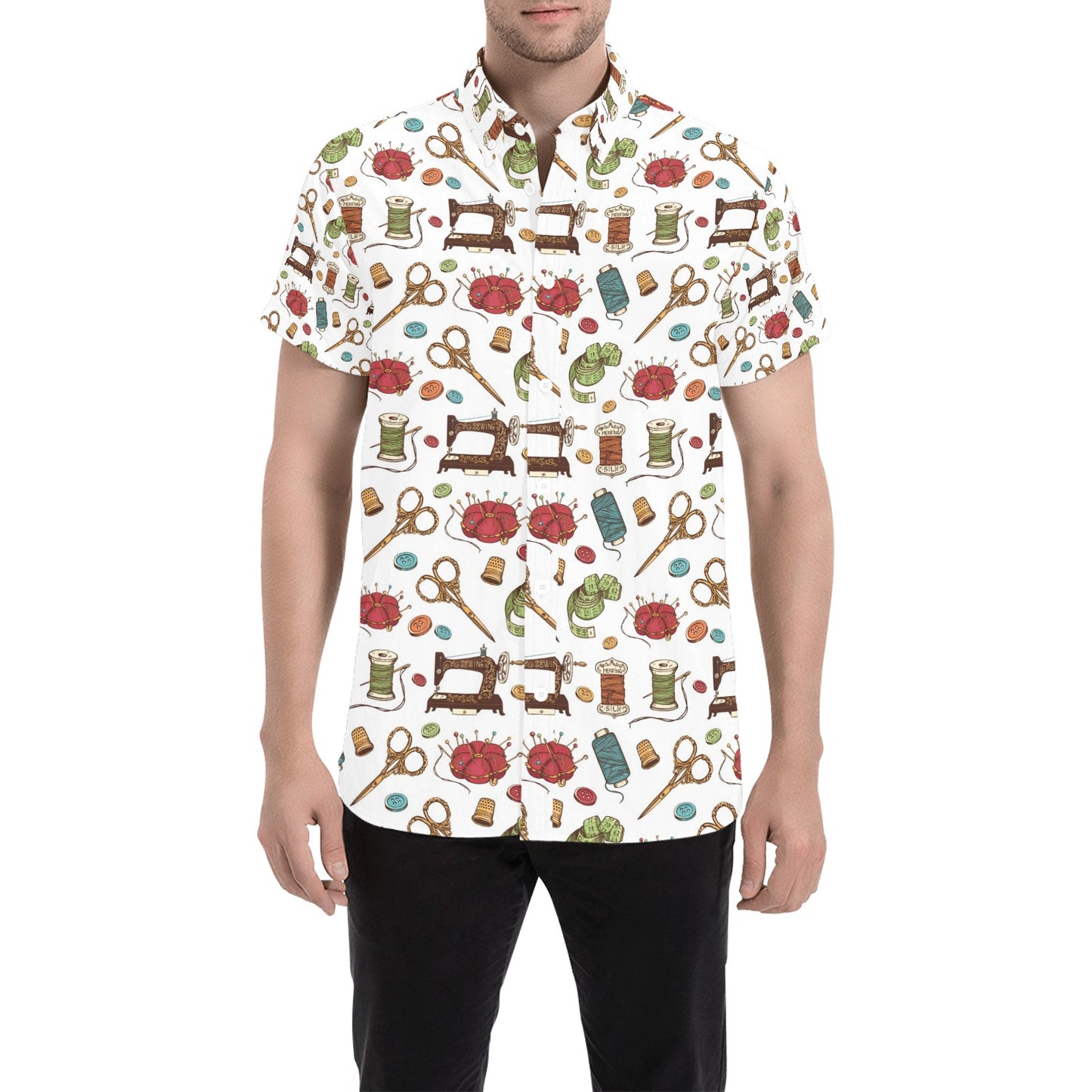 Sewing Equipment Print Design LKS304 Men Short Sleeve Button Up Shirt