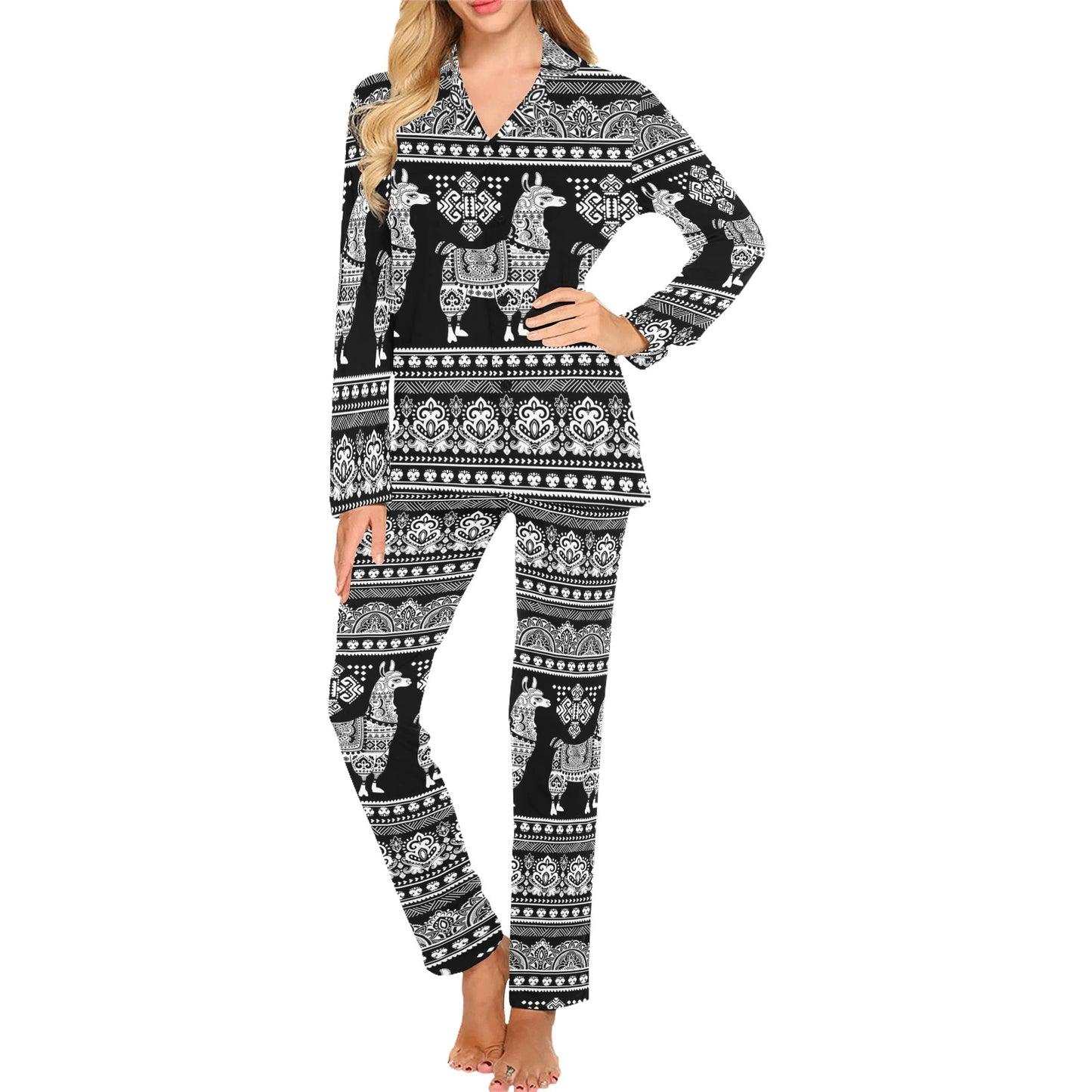 Llama Aztec Style Pattern Print Design 01 Women's Long Pajama Set