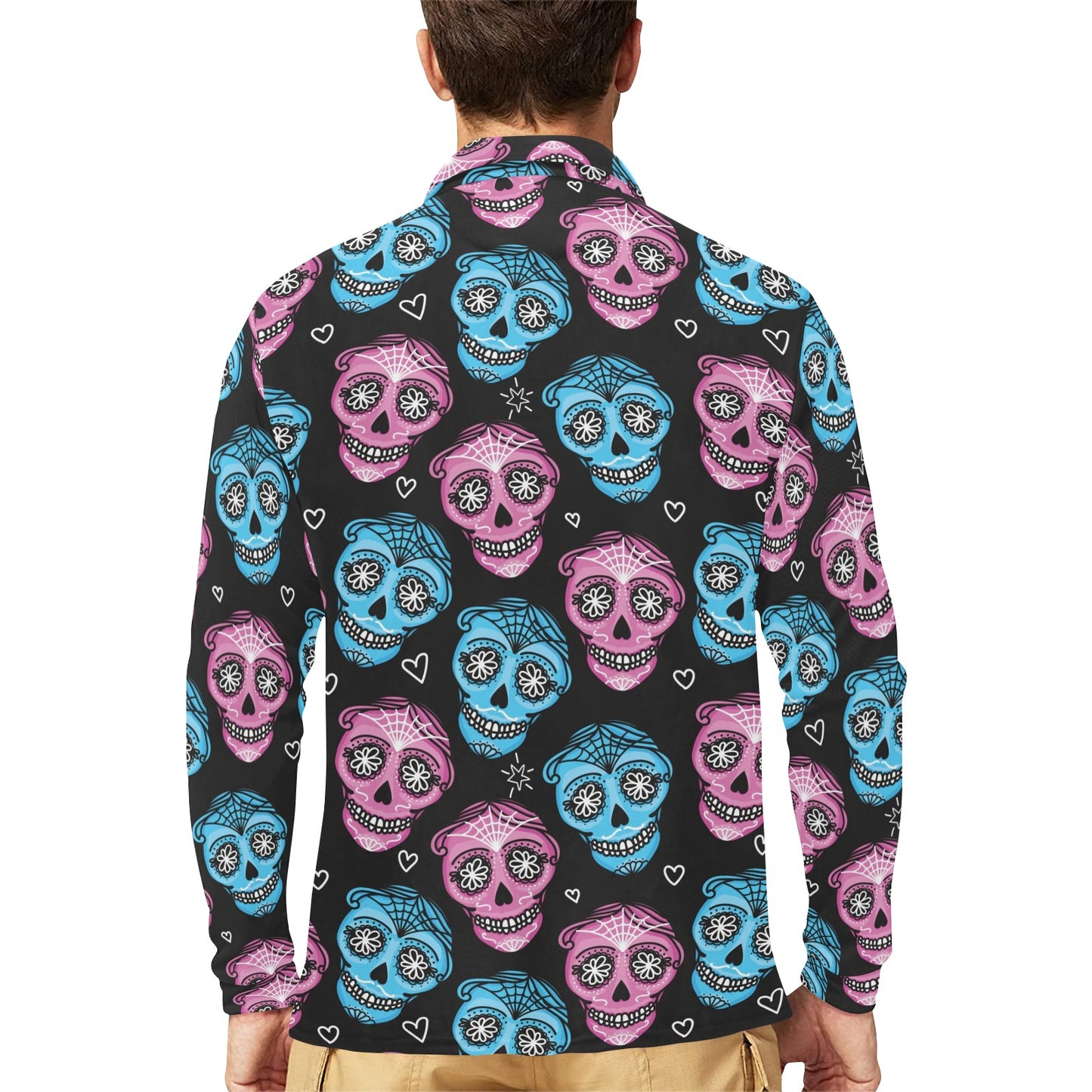 Day of the Dead Skull Print Pattern Long Sleeve Polo Shirt For Men's