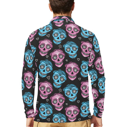 Day of the Dead Skull Print Pattern Long Sleeve Polo Shirt For Men's