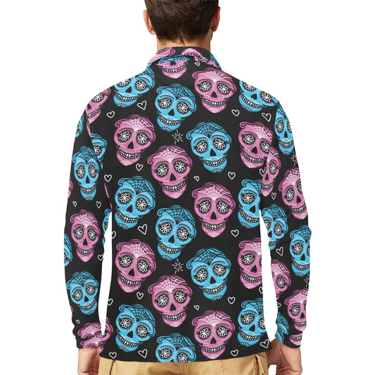 Day of the Dead Skull Print Pattern Long Sleeve Polo Shirt For Men's