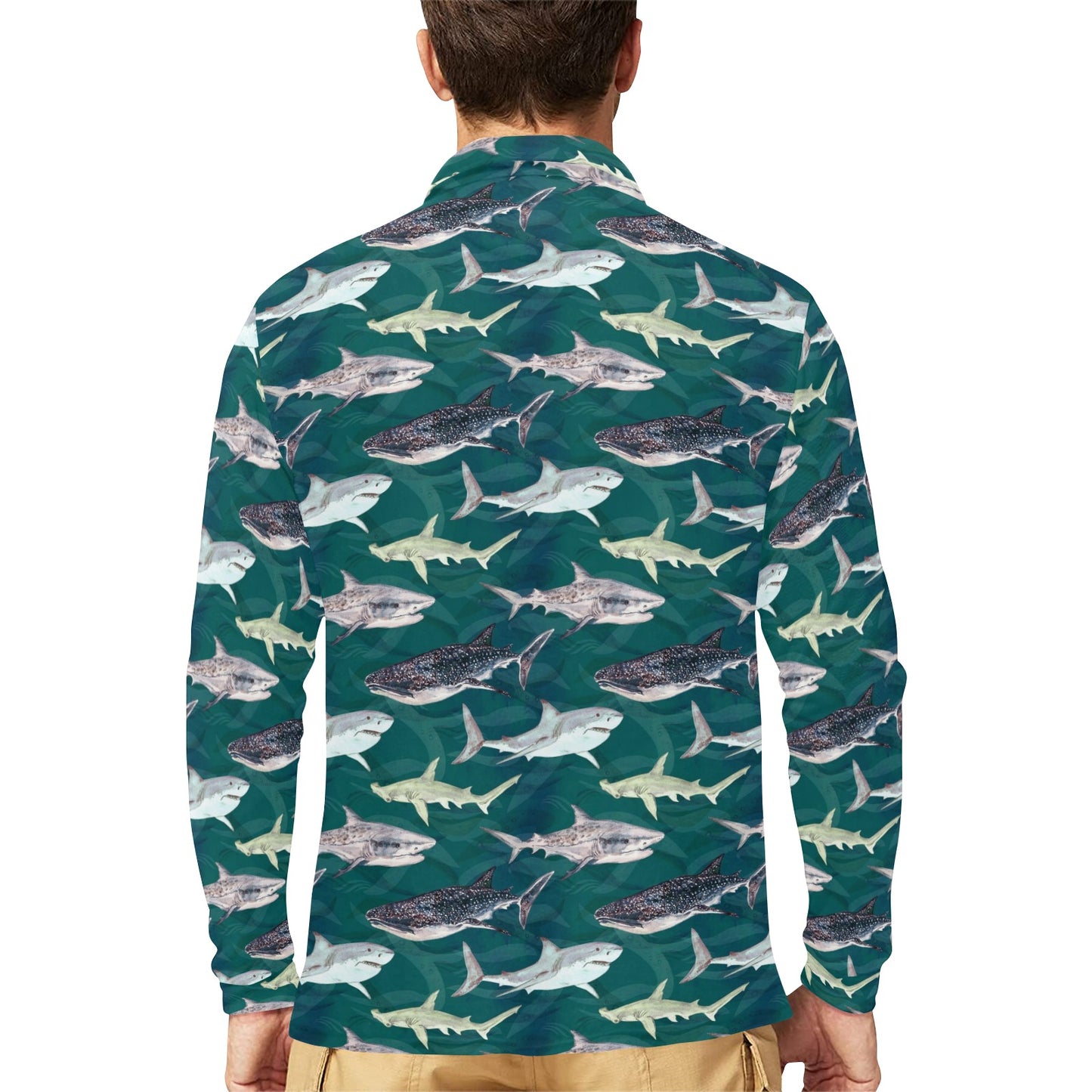 Shark Style Print Long Sleeve Polo Shirt For Men's