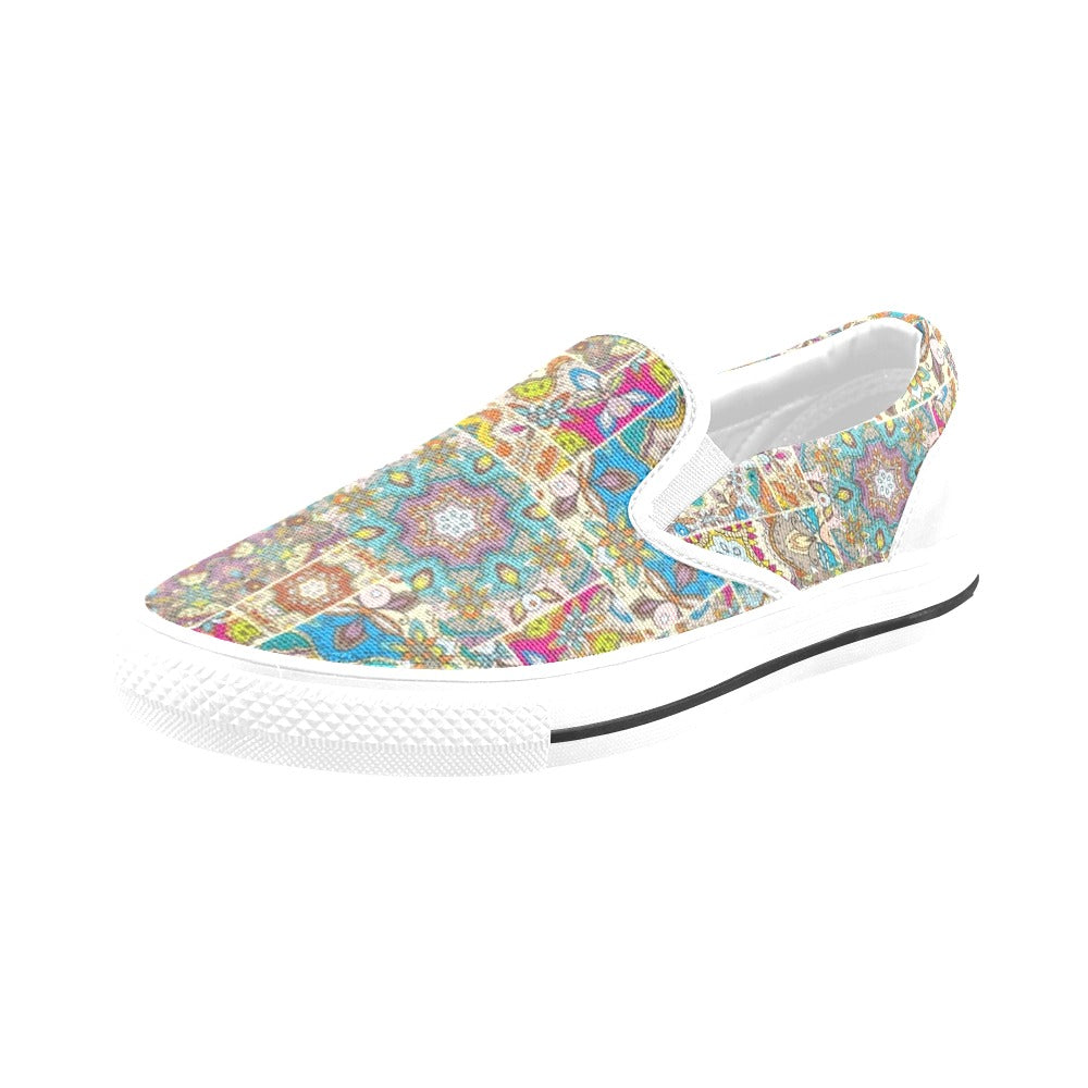 Patchwork Print Design LKS402 White Slip Ons Canvas Women's Shoes