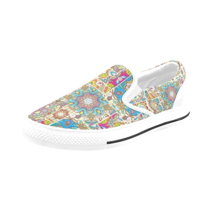Patchwork Print Design LKS402 White Slip Ons Canvas Women's Shoes