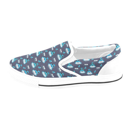 Shark Print Design LKS309 White Slip Ons Canvas Women's Shoes
