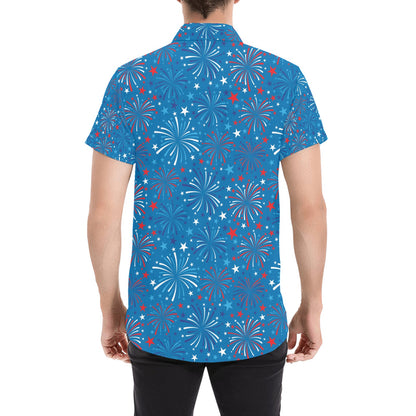 Firework Celebration Print Design LKS304 Men Short Sleeve Button Up Shirt