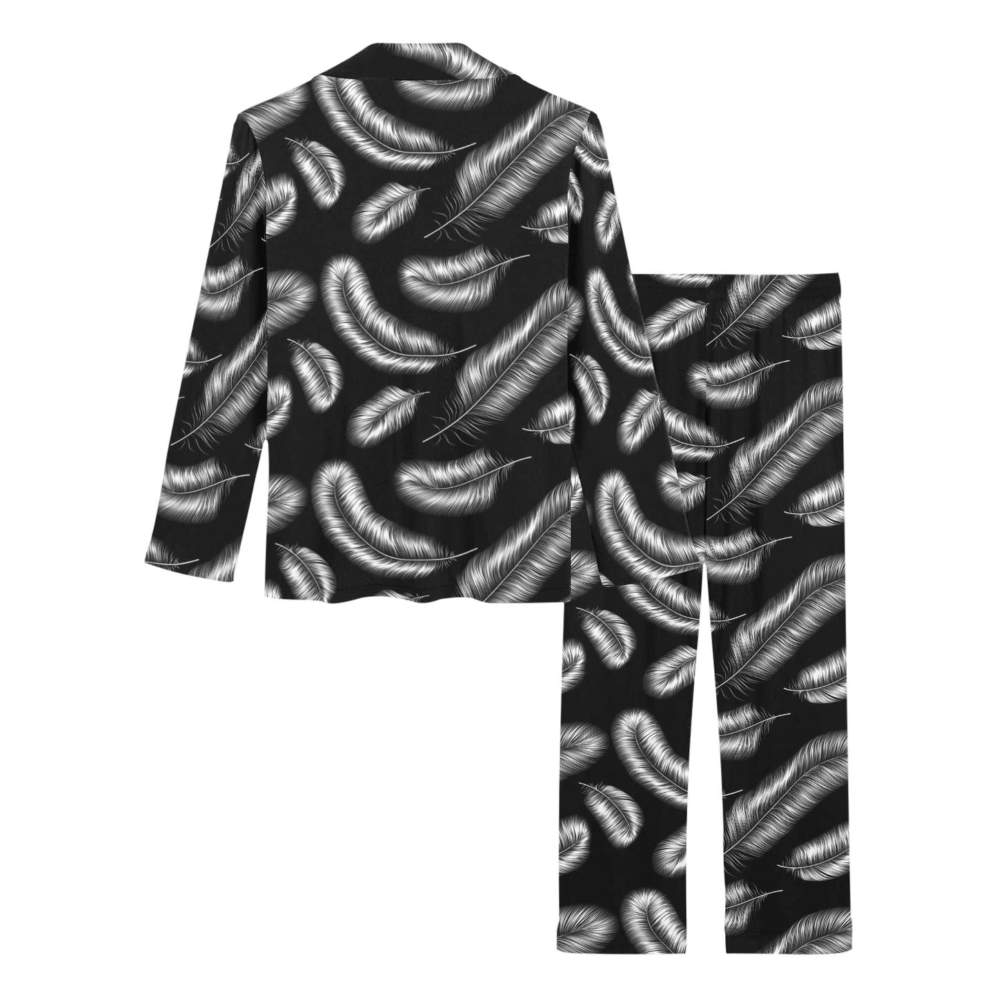 Feather Black White Design Print Women's Long Pajama Set