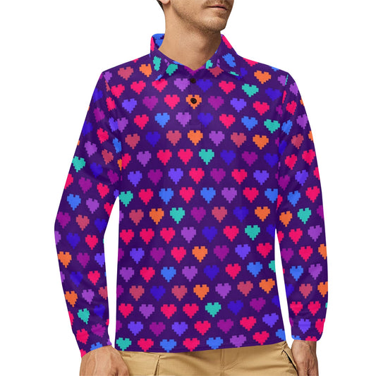 Heart Pixel Pattern Print Design HE03 Long Sleeve Polo Shirt For Men's