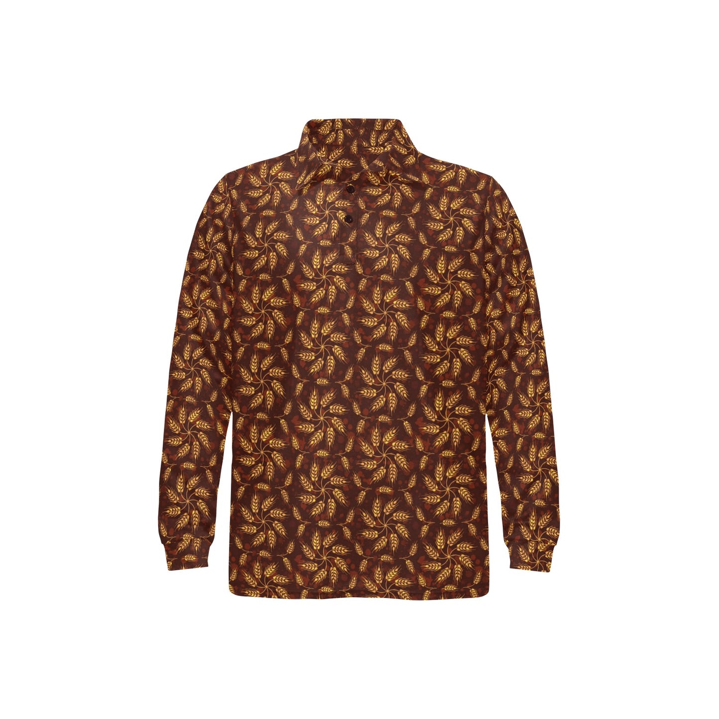 Agricultural Brown Wheat Print Pattern Long Sleeve Polo Shirt For Men's