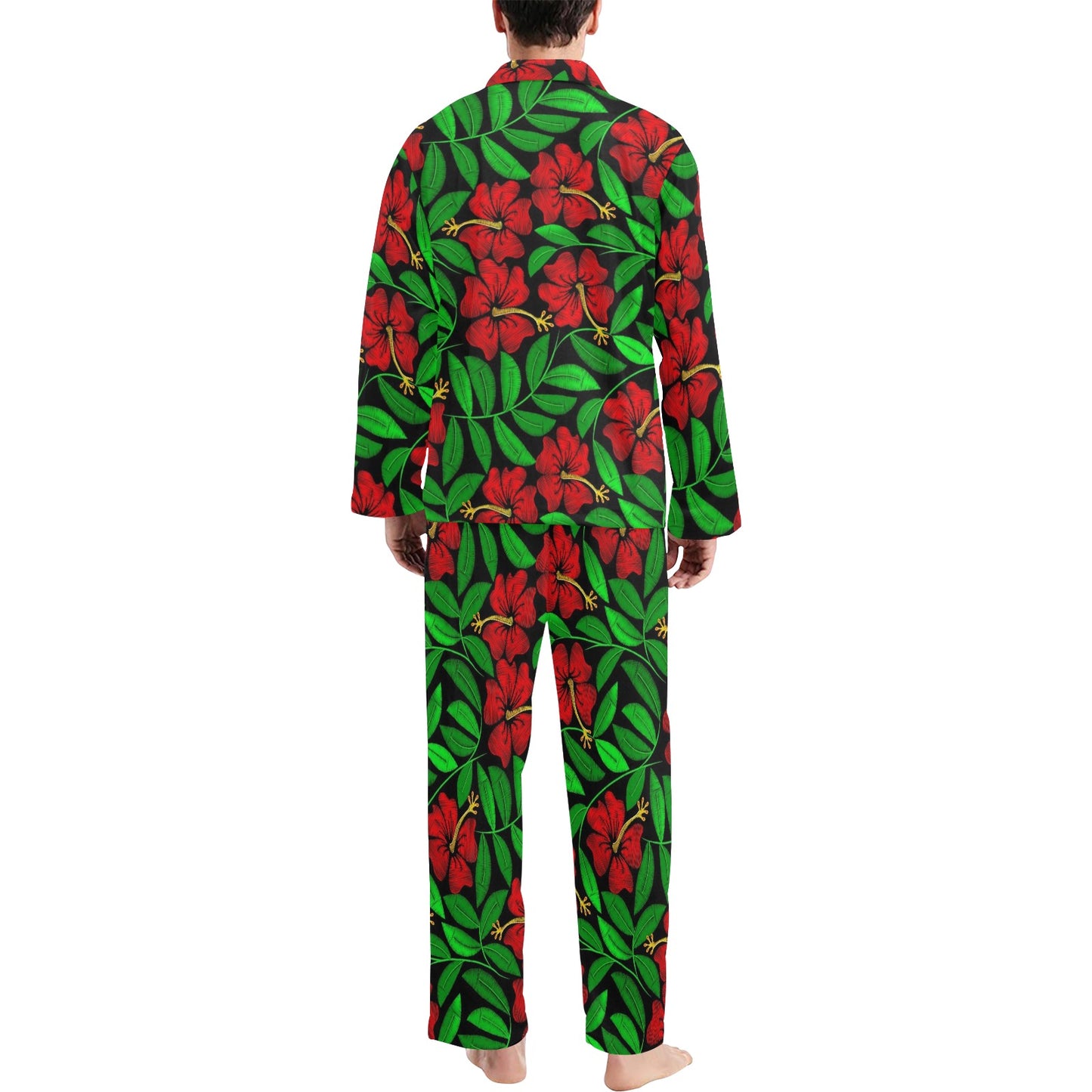 Red Hibiscus Embroidered Pattern Print Design HB032 Men's Long Pajama Set
