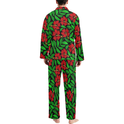 Red Hibiscus Embroidered Pattern Print Design HB032 Men's Long Pajama Set