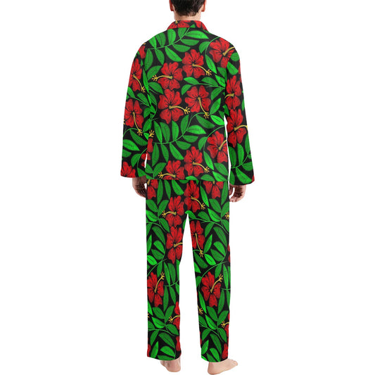 Red Hibiscus Embroidered Pattern Print Design HB032 Men's Long Pajama Set