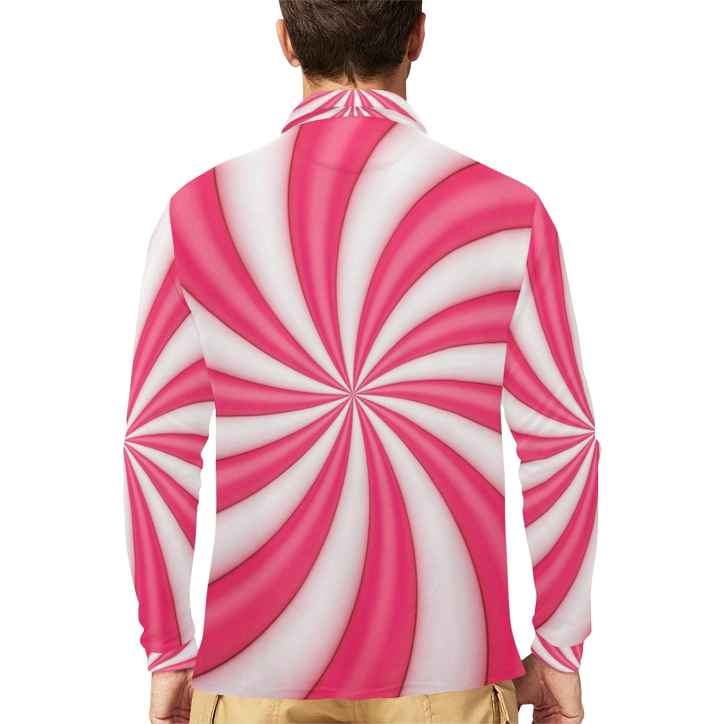 Vortex Twist Swirl Candy Print Long Sleeve Polo Shirt For Men's