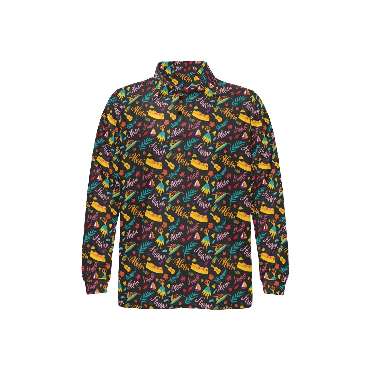 Aloha Hawaii Summer Design Themed Print Long Sleeve Polo Shirt For Men's