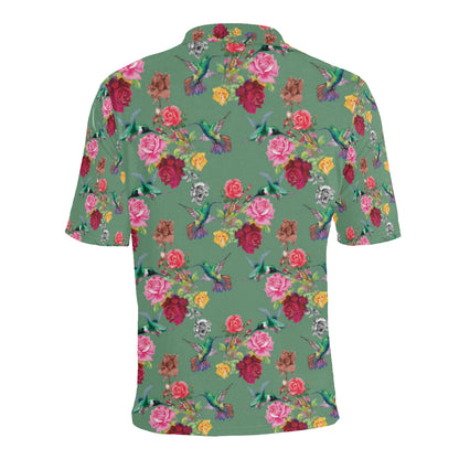 Hummingbird with Rose Themed Print Men Polo Shirt