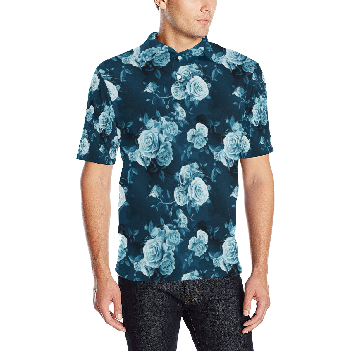 Rose Blue Pattern Print Design RO014 Men Polo Shirt
