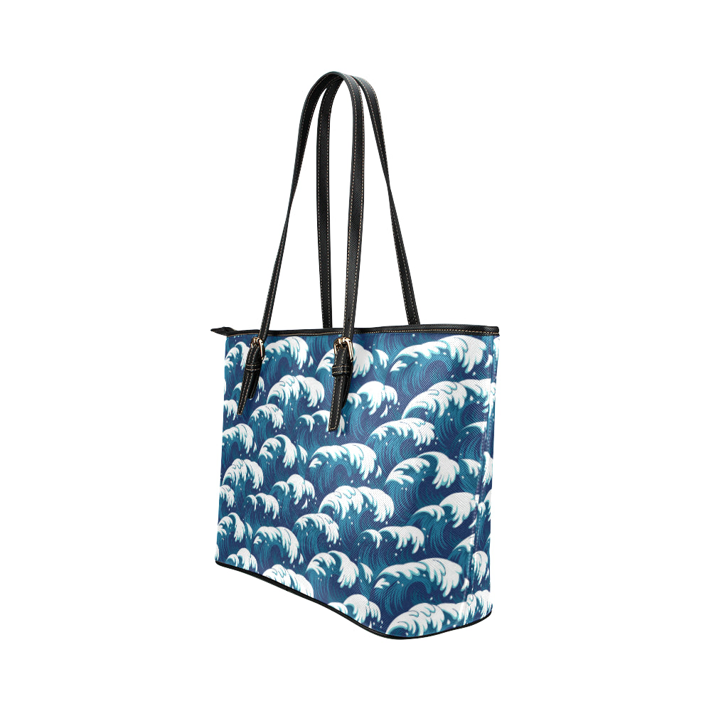 Ocean Wave Pattern Print Leather Tote Bag
