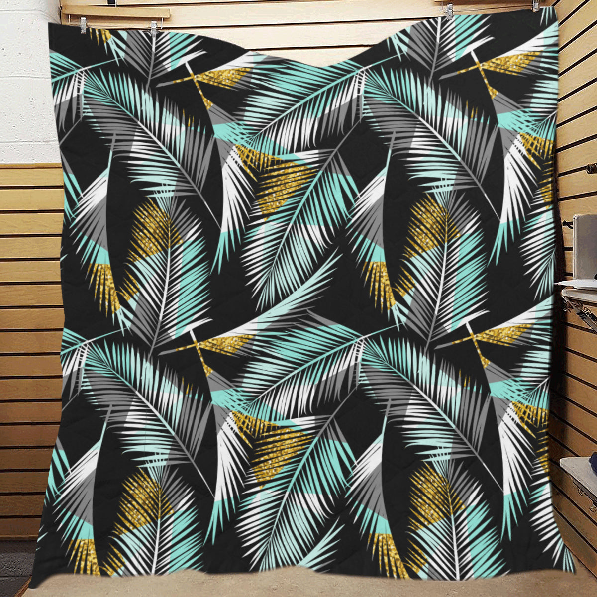 Gold Glitter Cyan Tropical Palm Leaves Premium Quilt