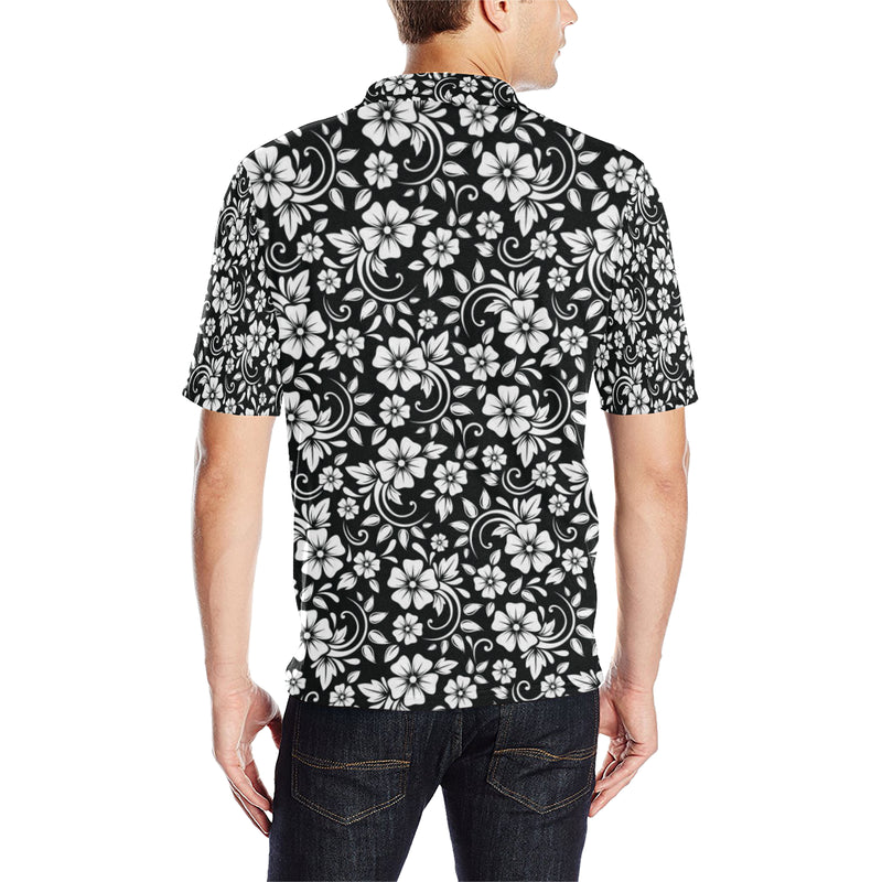 Floral Black White Themed Print Men Polo Shirt