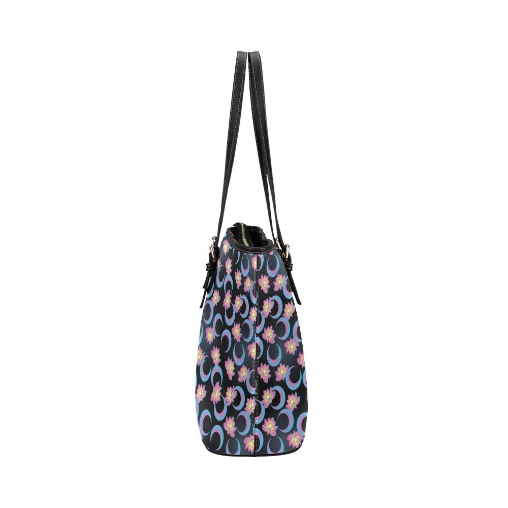 Lotus with Moon Pink Print Themed Leather Tote Bag