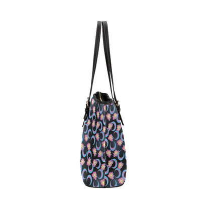 Lotus with Moon Pink Print Themed Leather Tote Bag