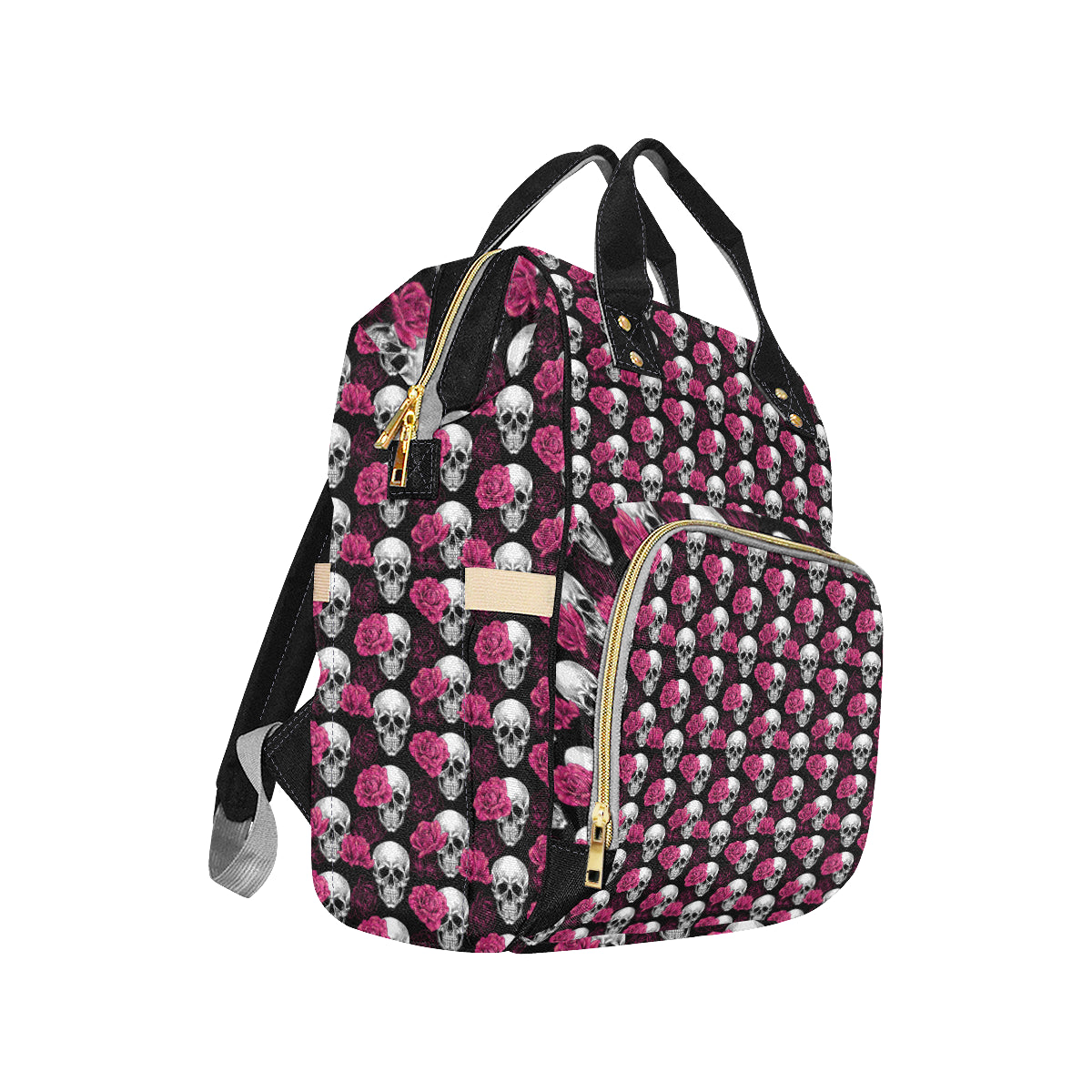 Pink Rose Skull Themed Print Diaper Bag Backpack