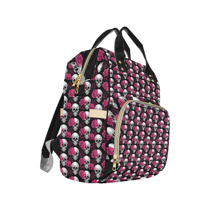 Pink Rose Skull Themed Print Diaper Bag Backpack