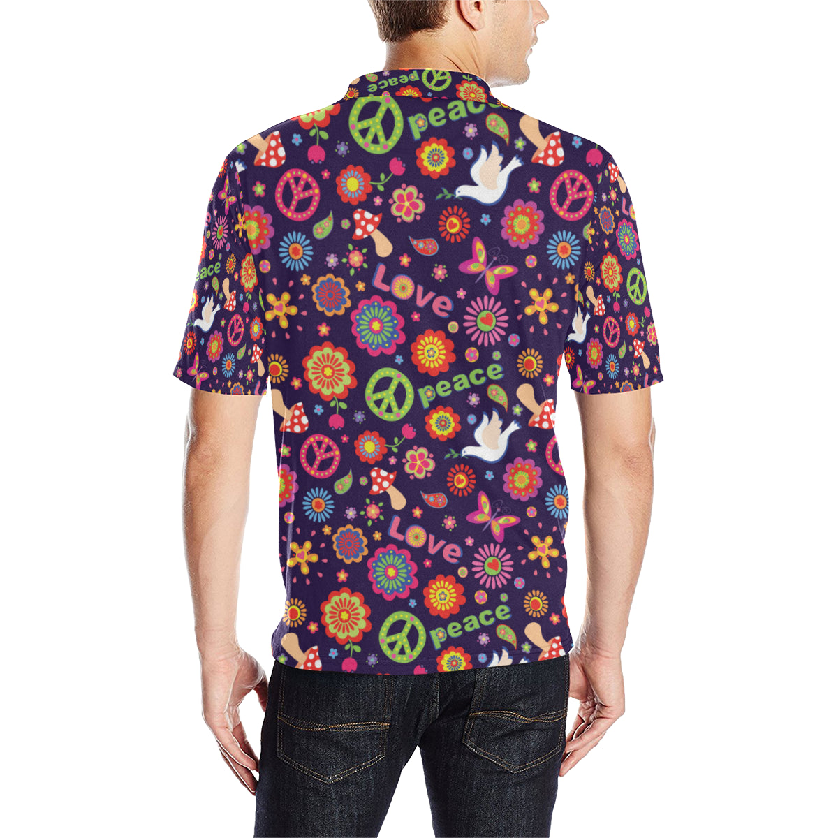 Flower Power Peace Design Print Men Polo Shirt
