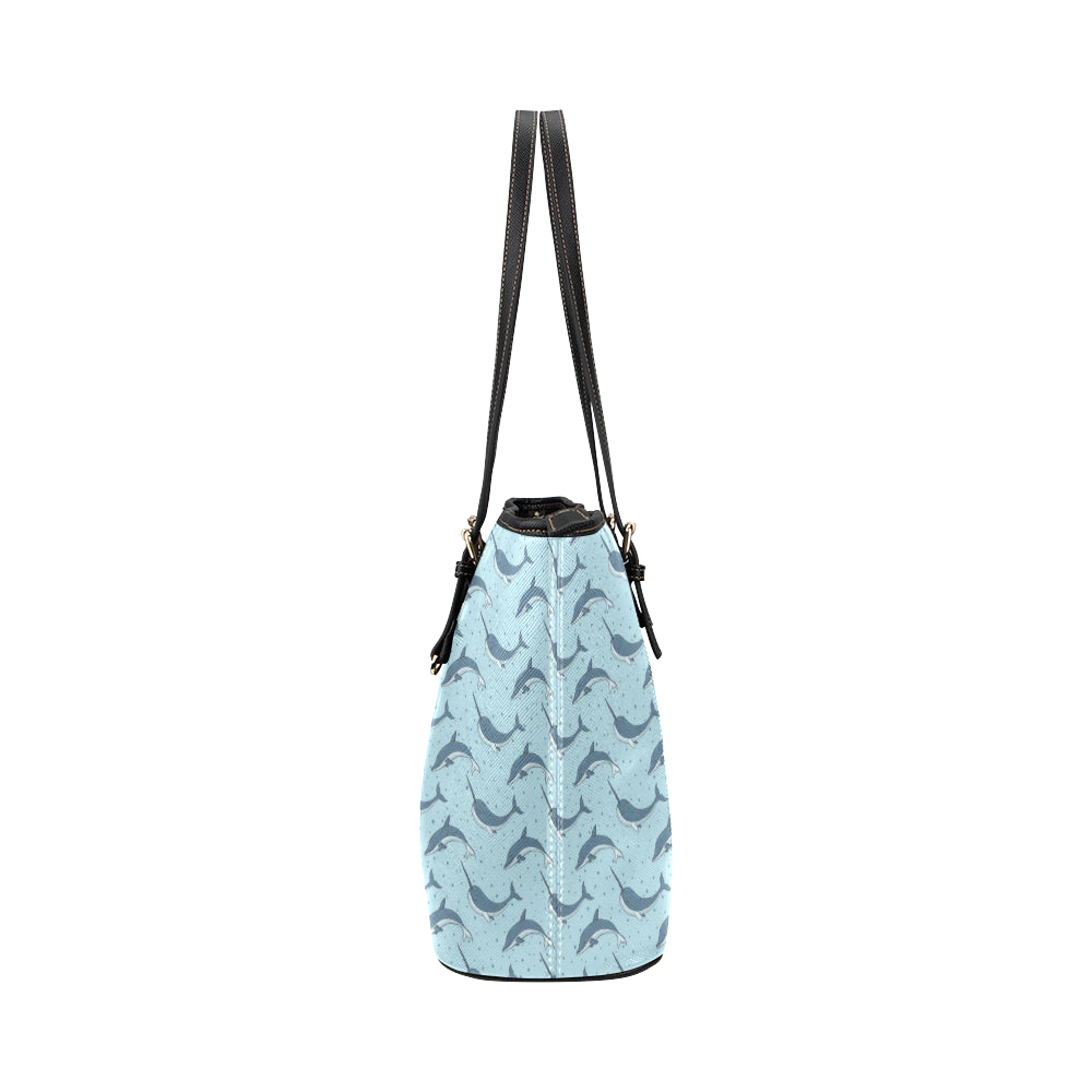Narwhal Dolphin Print Leather Tote Bag