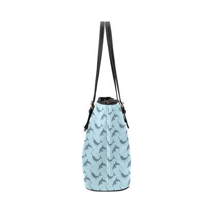 Narwhal Dolphin Print Leather Tote Bag