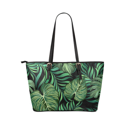 Green Fresh Tropical Palm Leaves Leather Tote Bag