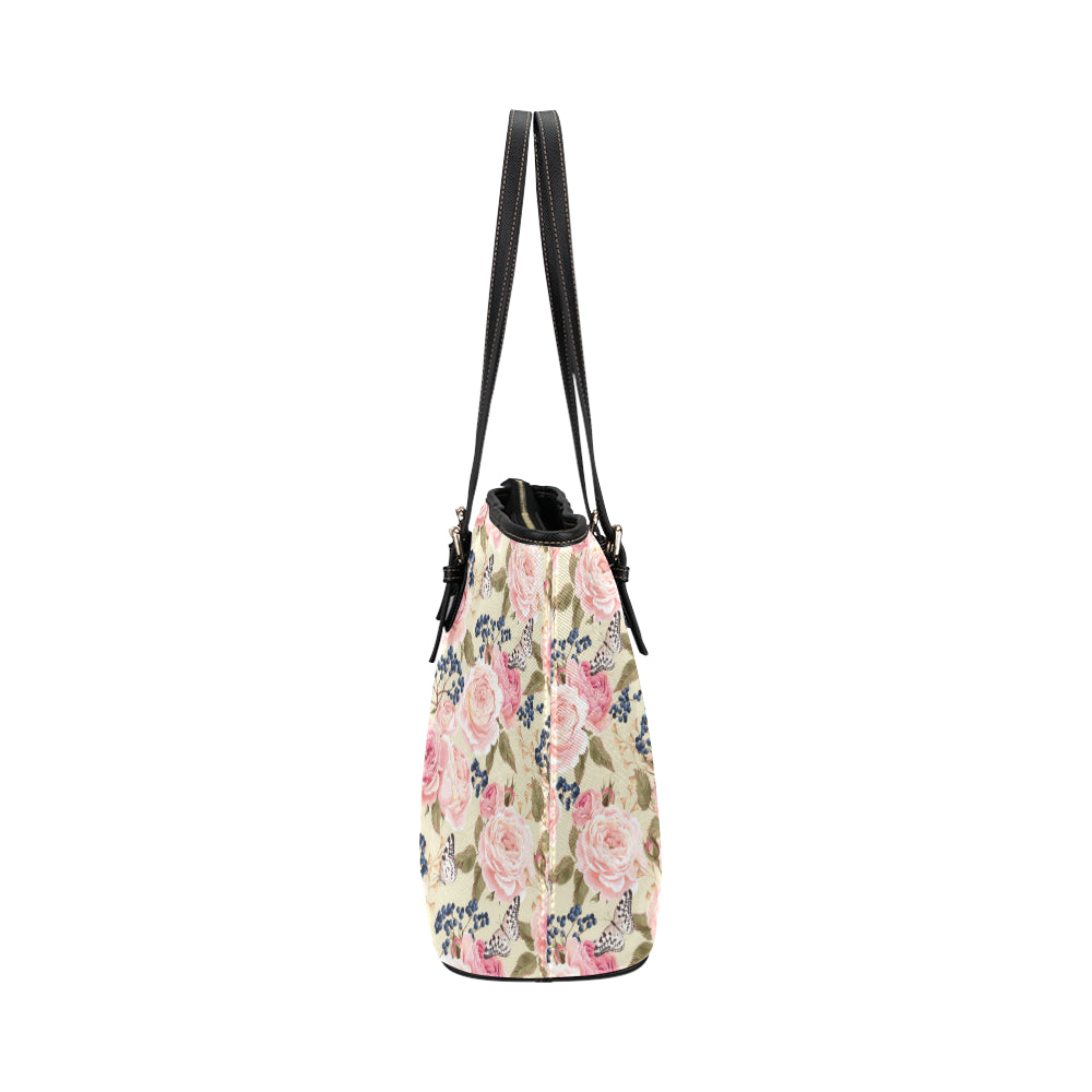 Floral Pink Butterfly Print Leather Tote Bag
