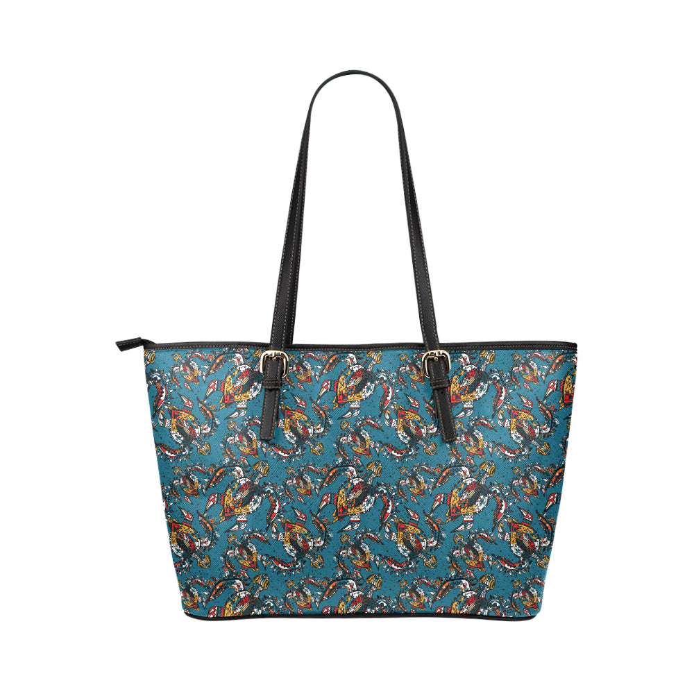 Sea Turtle Tribal Colorful Hand Drawn Leather Tote Bag
